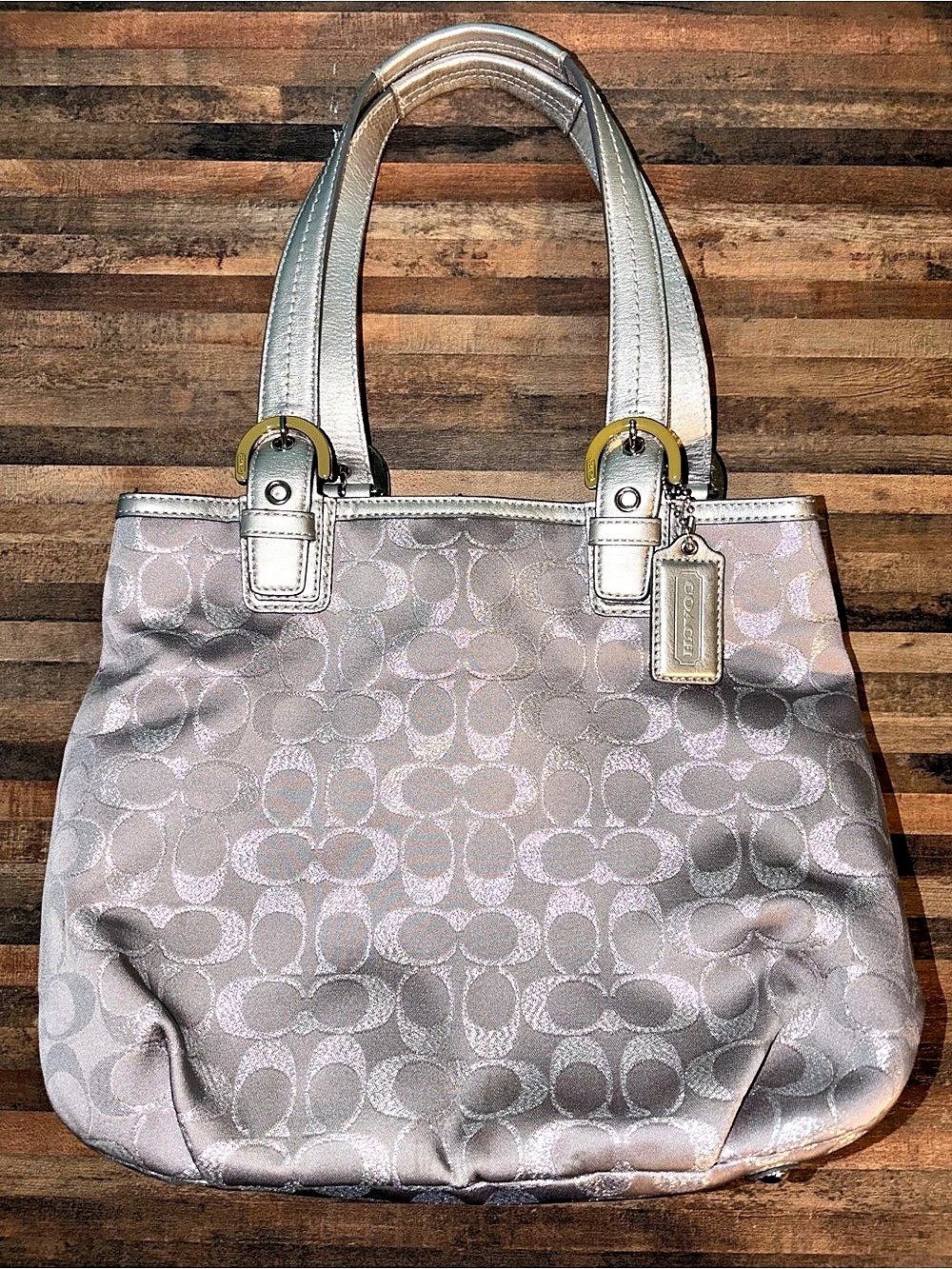 Coach Soho Metallic Signature Sateen Jacquard Tote in Silver